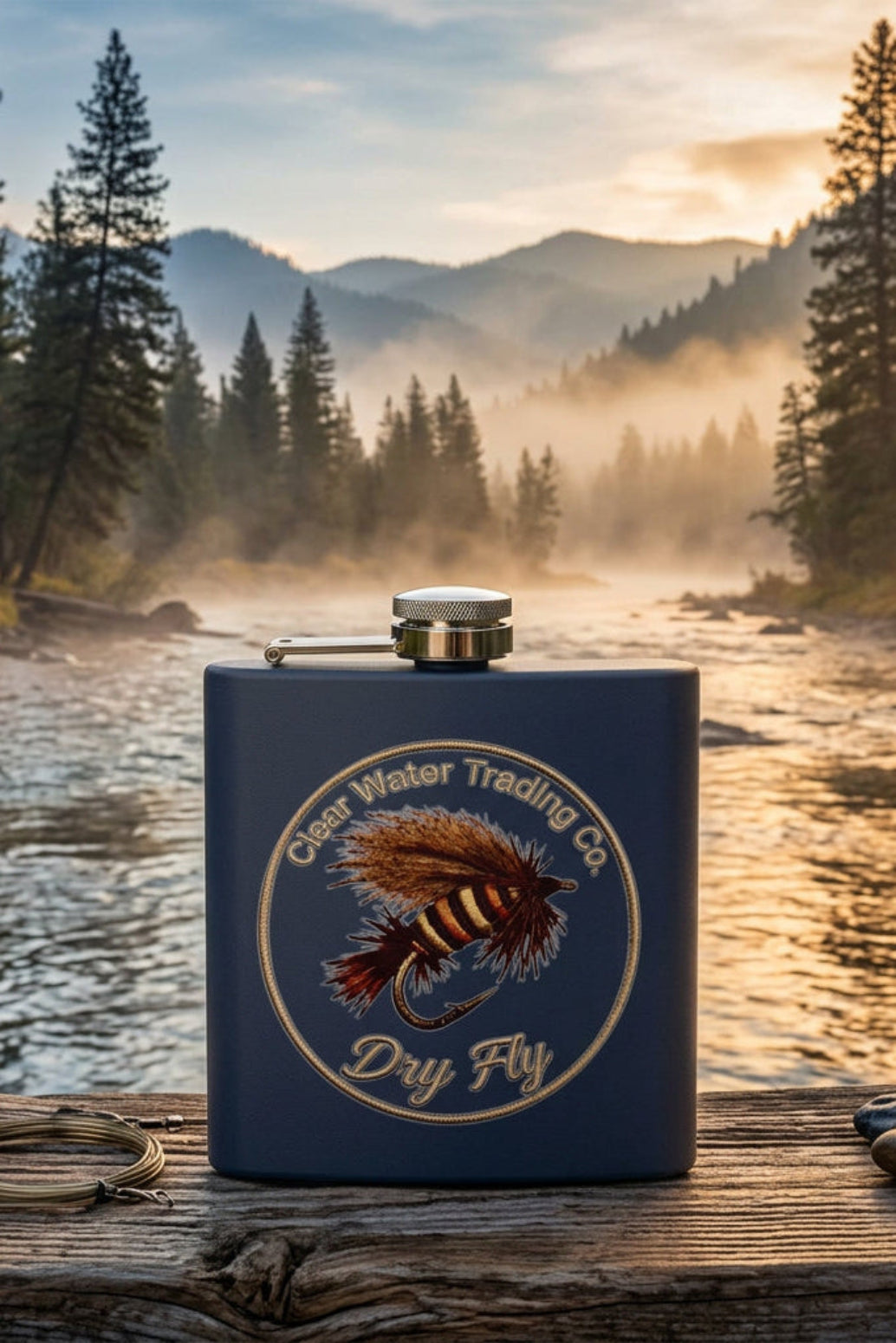A matte navy blue flask with a silver screw cap and side spout, featuring a circular graphic of a dry fly lure with the text 'Clear Water Trading Co.' and 'Dry Fly' in gold.
