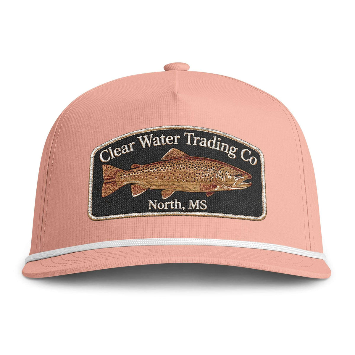 A dusty pink snapback cap with a white piping accent along the edge of the brim. The front panel features a black embroidered patch depicting a brown trout with the text 'Clear Water Trading Co' and 'North, MS'.