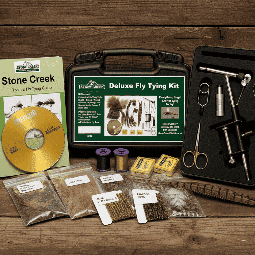 Stone Creek Deluxe Fly Tying Kit with various fly tying materials and tools on a white background.