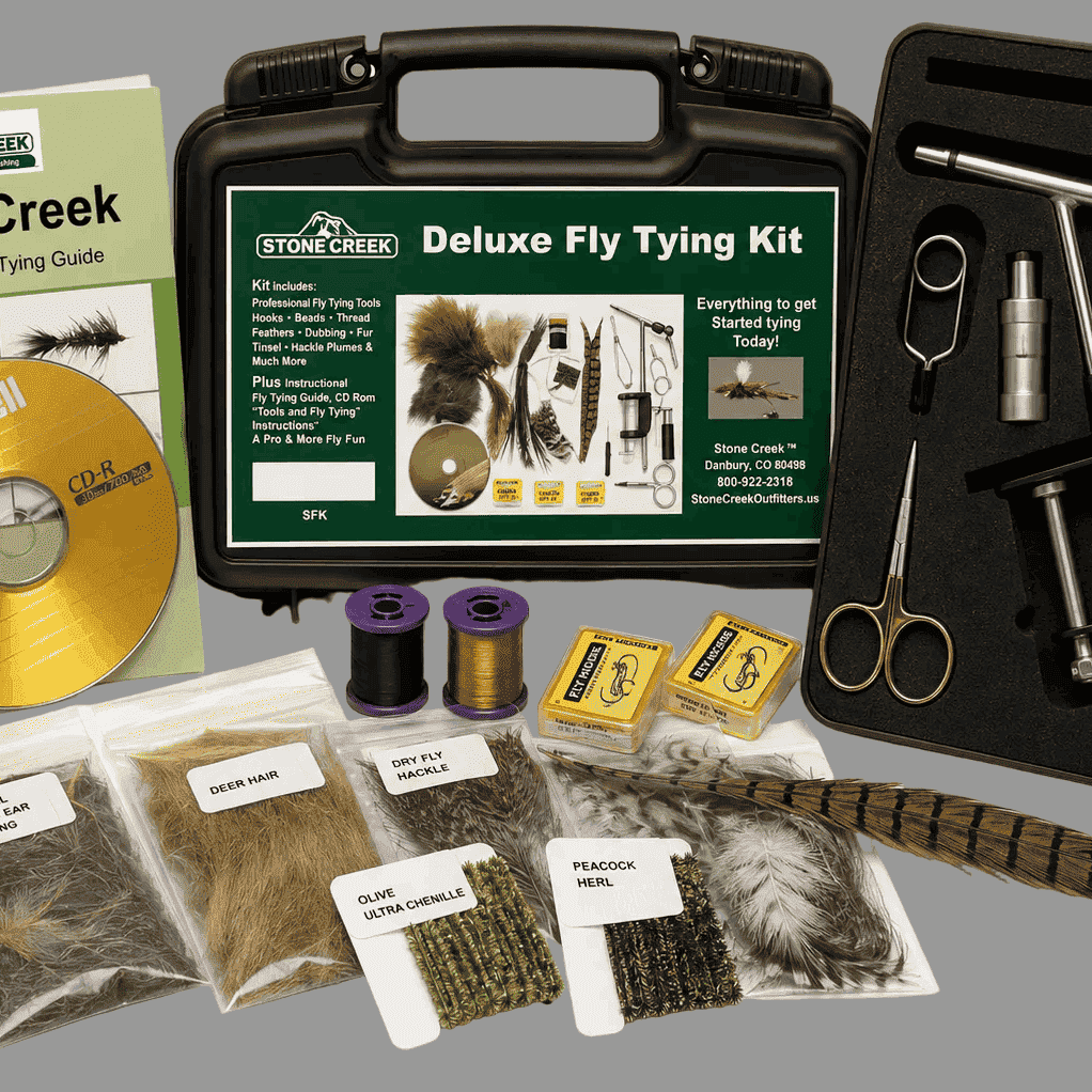Stone Creek Deluxe Fly Tying Kit with various fly tying materials and tools on a white background.