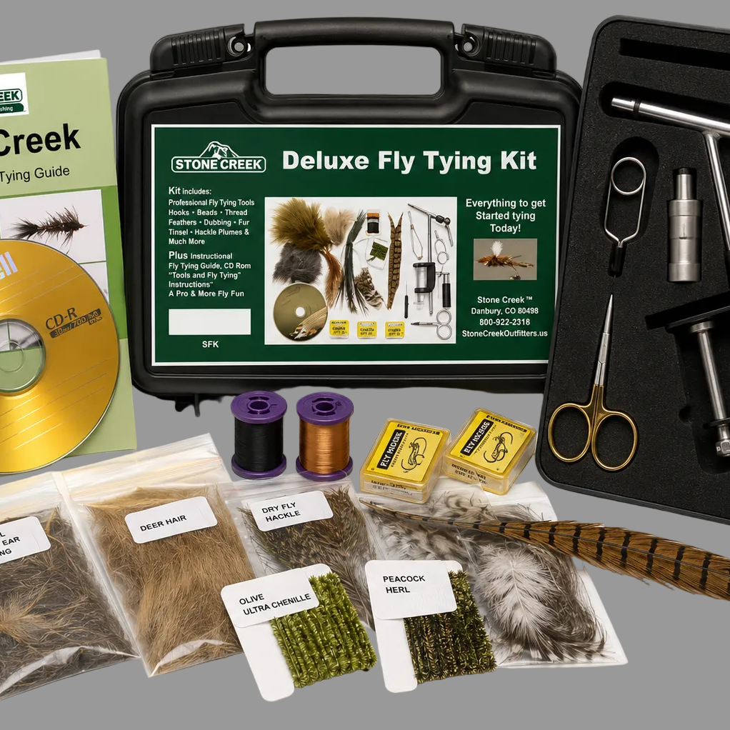 Stone Creek Deluxe Fly Tying Kit with various fly tying materials and tools on a white background.