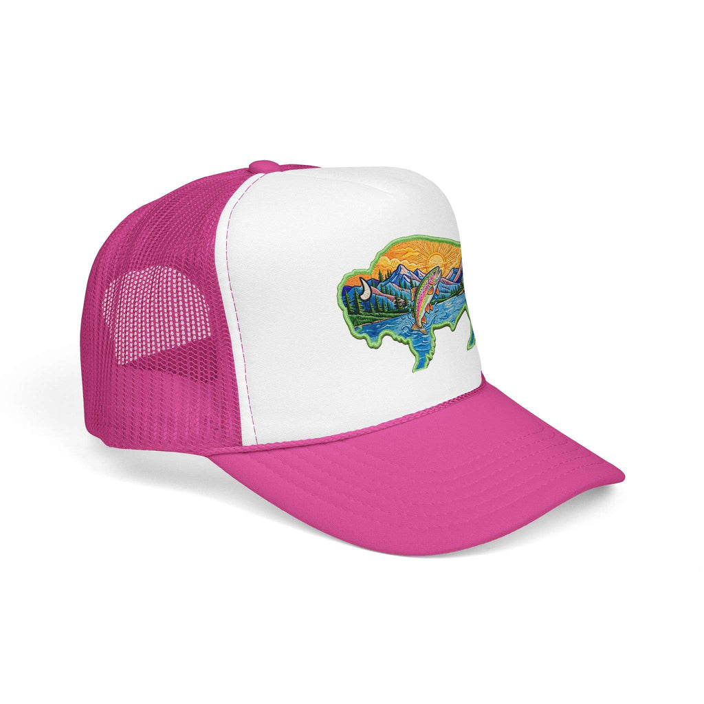 Sunset Buffalo Mountain Trucker Hat — Scenic Buffalo & Trout Patch Foam Hat