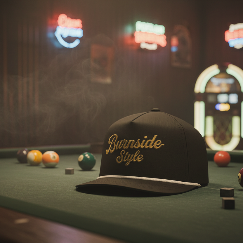 A dark baseball cap with 'Burnside Style' embroidered in gold script sits on a green pool table in a dimly lit bar or lounge, with billiard balls around it and neon signs blurred in the background.