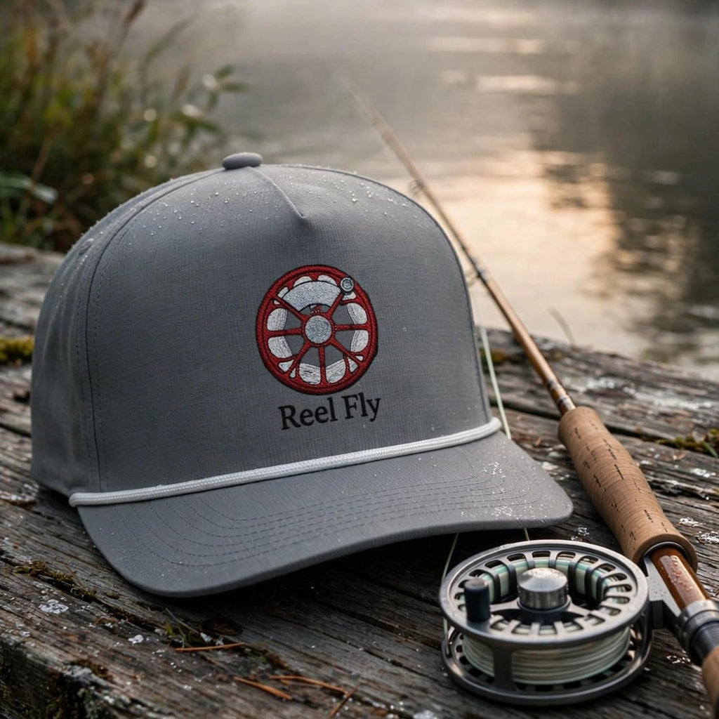 A gray baseball cap with a red and white circular logo reading 'Reel Fly' sits on a weathered wooden dock beside a fly fishing rod and reel, with a misty river and forest in the background.