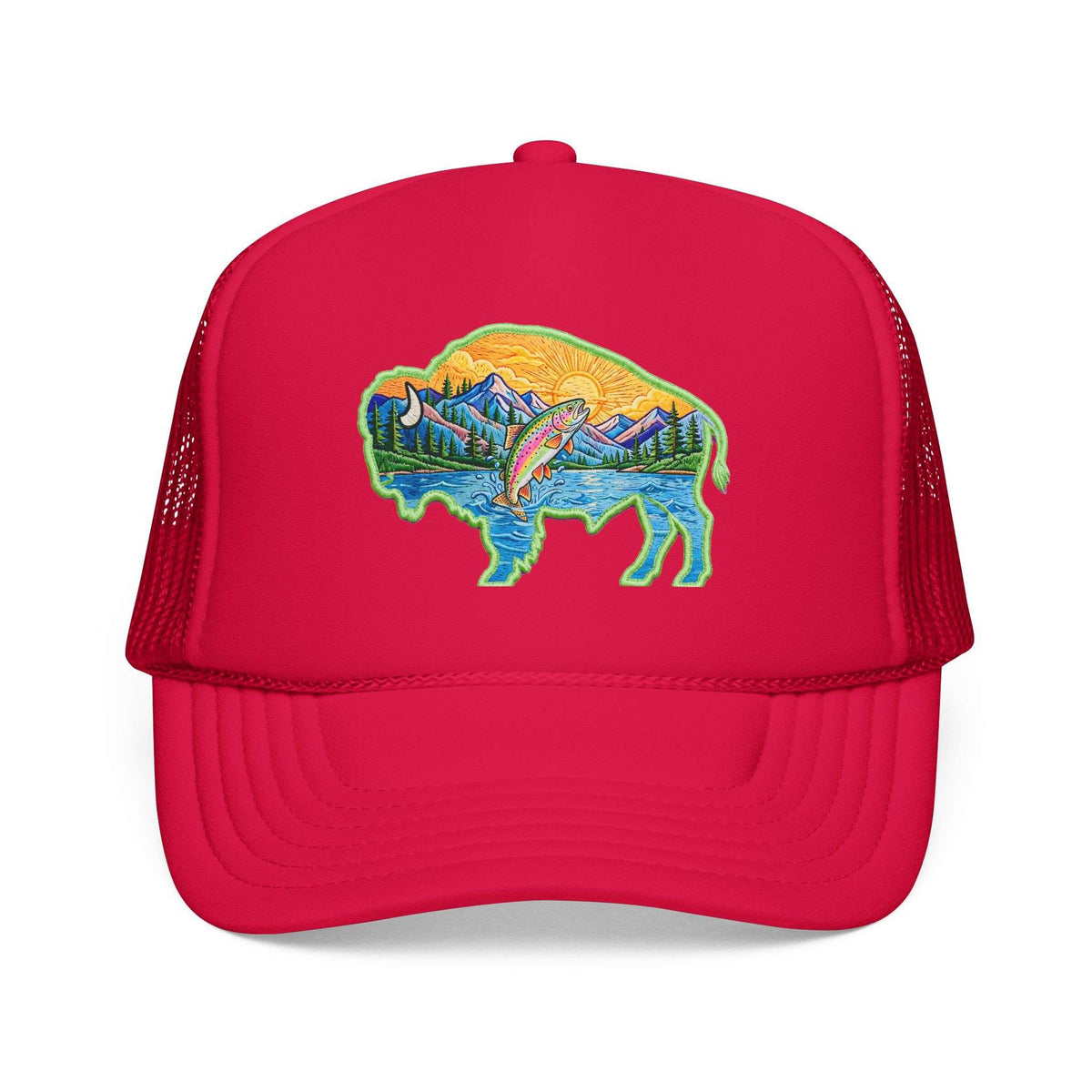 Sunset Buffalo Mountain Trucker Hat — Scenic Buffalo & Trout Patch Foam Hat