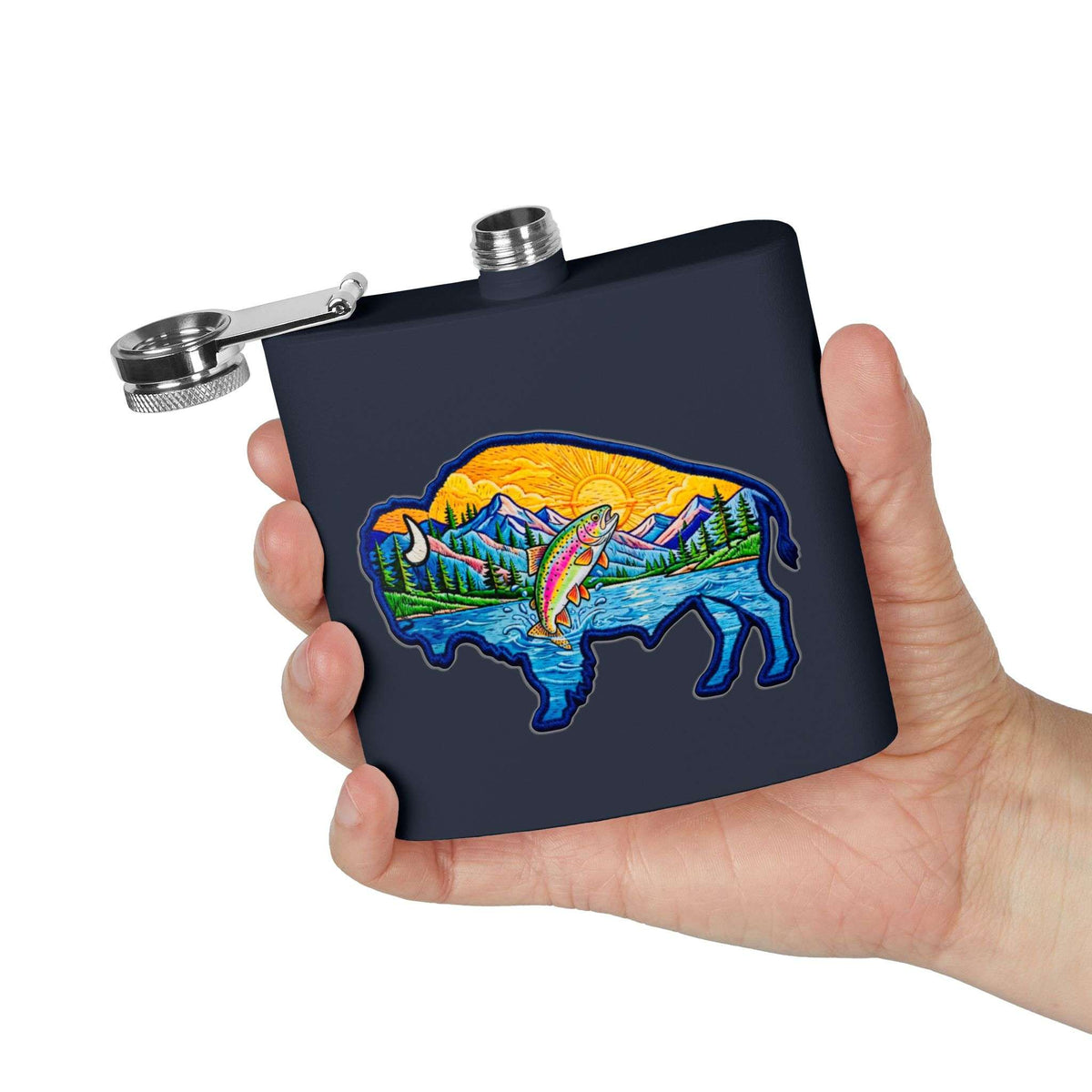 Flasque en acier inoxydable de 177 ml ornée d’un motif de buffle, de pêche et d’aventure en montagne