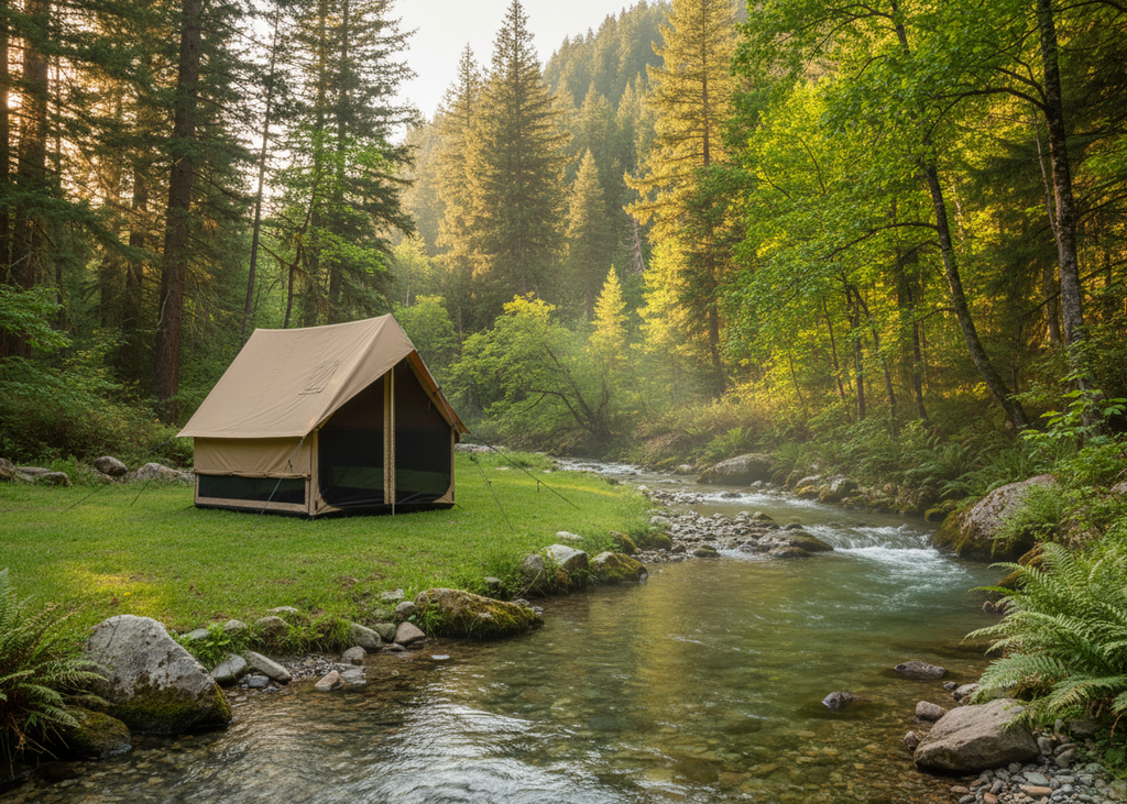 Brown camping tent with mesh side on a country setting background
