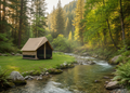 Brown camping tent with mesh side on a country setting background