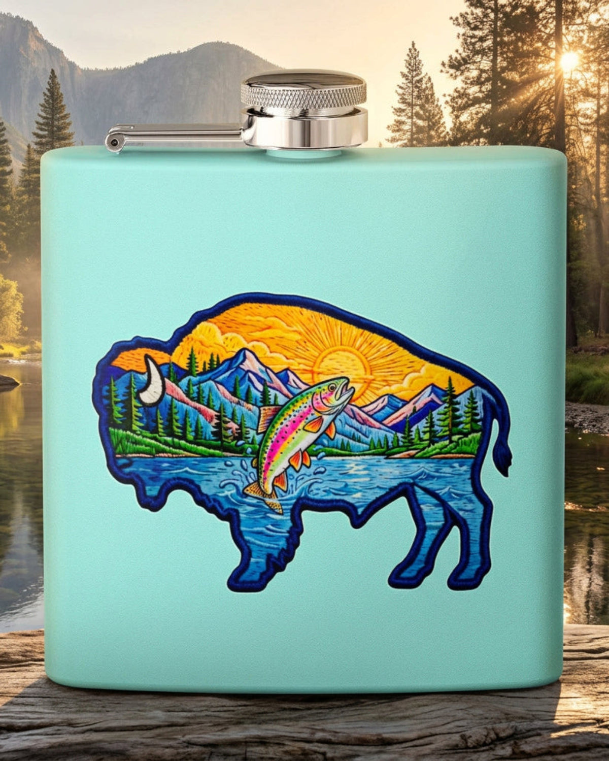 A mint green hip flask with a silver screw cap and side spout, featuring a colorful graphic of a bison silhouette filled with a mountain landscape and jumping fish.
