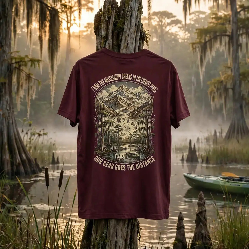 A maroon graphic t-shirt is displayed on a weathered wooden post in a misty swamp setting at sunrise. The back of the shirt features a large vintage-style illustration of a mountain and forest, with the text 'FROM THE MISSISSIPPI GUES TO THE COLUMBINE DAY' and 'OUR BEAM GOES THE DISTANCE'.