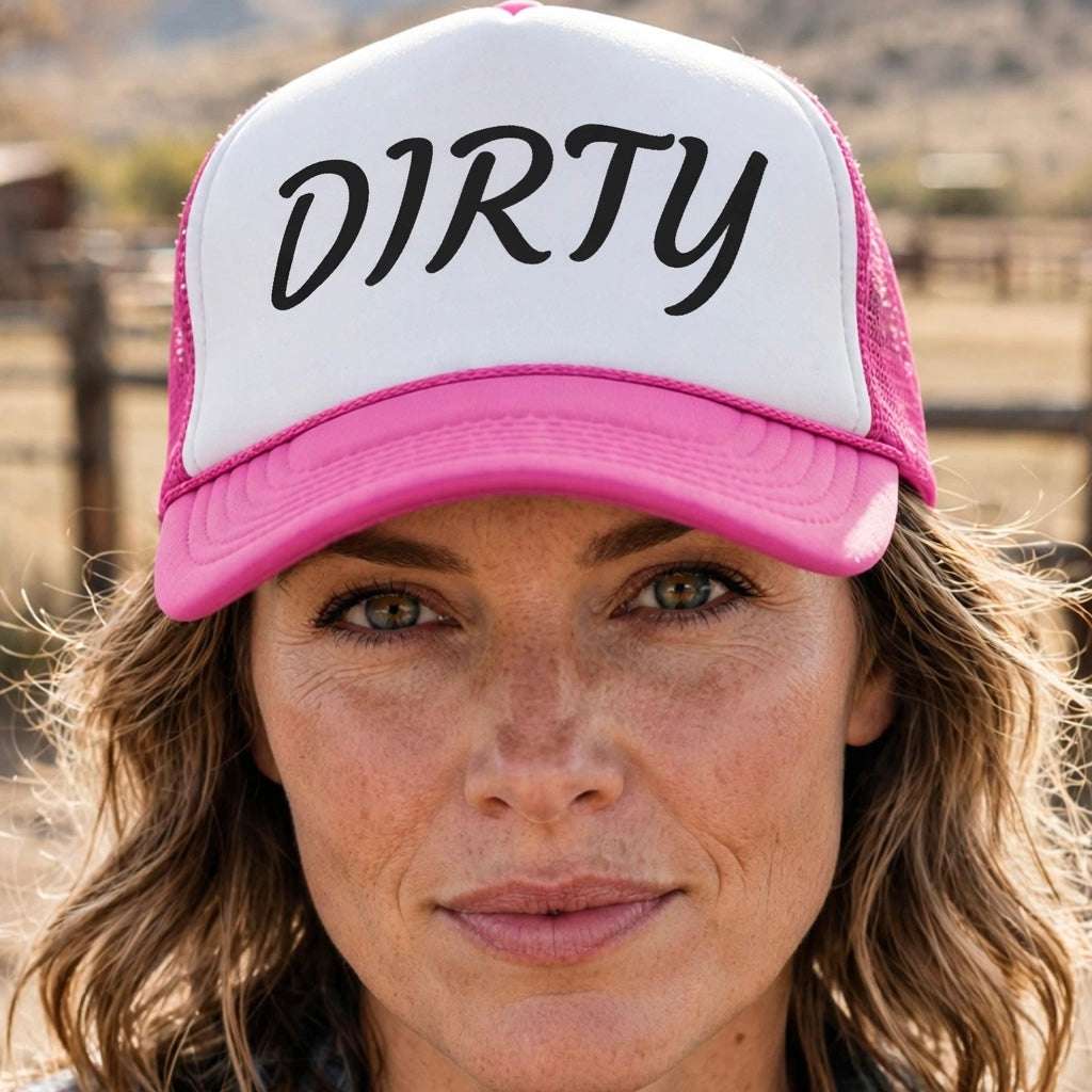 A close-up of a woman wearing a pink and white trucker hat with the word 'DIRTY' printed in black script across the front panel, set against a blurred outdoor ranch background.