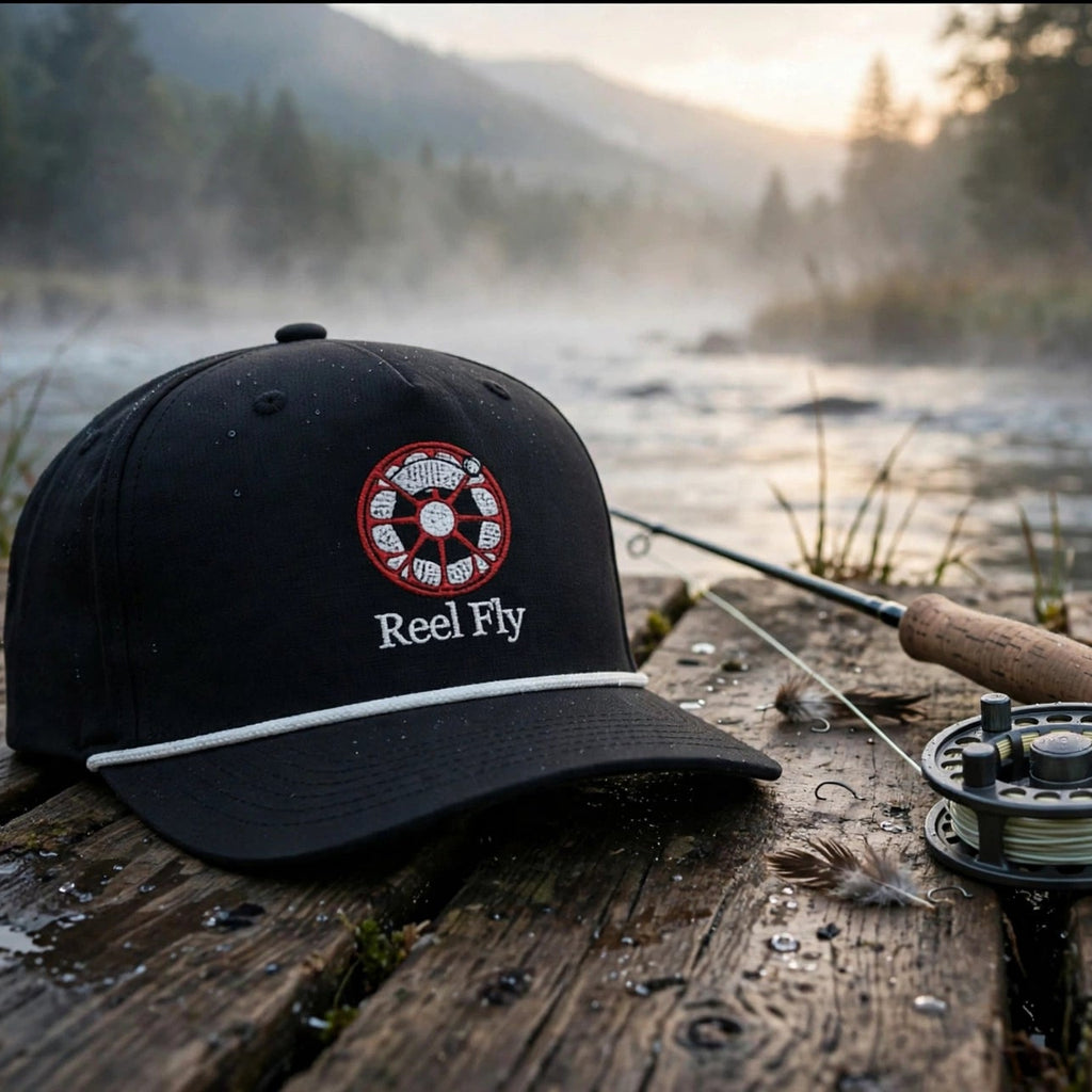 A black baseball cap with a red and white circular logo reading 'Reel Fly' sits on a weathered wooden dock beside a fly fishing rod and reel, with a misty river and forest in the background.