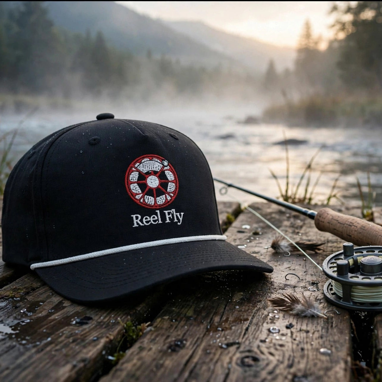 A black baseball cap with a red and white circular logo reading 'Reel Fly' sits on a weathered wooden dock beside a fly fishing rod and reel, with a misty river and forest in the background.