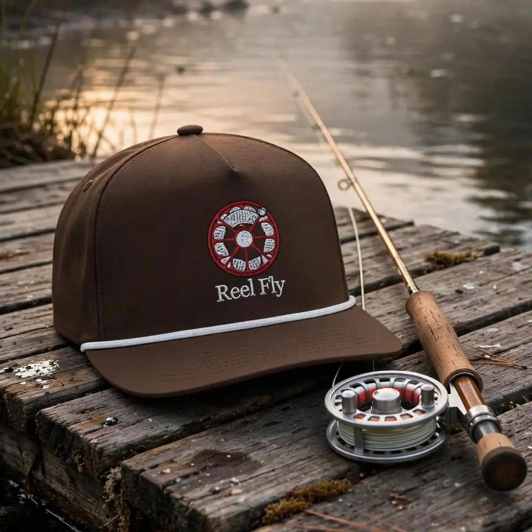 A brown baseball cap with a white stripe and a red-and-white circular logo reading 'Real Fly' sits on a wooden dock beside a fishing rod and reel, with a misty lake and forest in the background.