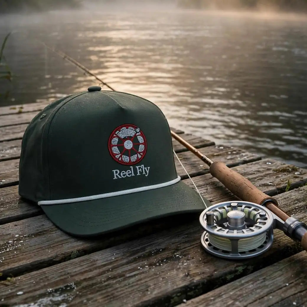 A dark green baseball cap with a 'Real Fly' logo sits on a weathered wooden dock next to a fishing rod and reel, with a misty lake and trees in the background at sunrise.