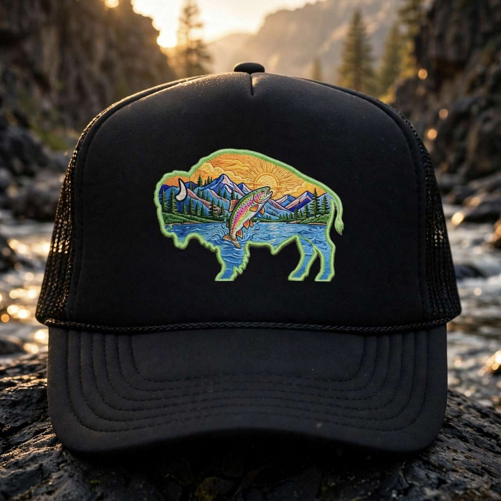 Sunset Buffalo Mountain Trucker Hat — Scenic Buffalo & Trout Patch Foam Hat