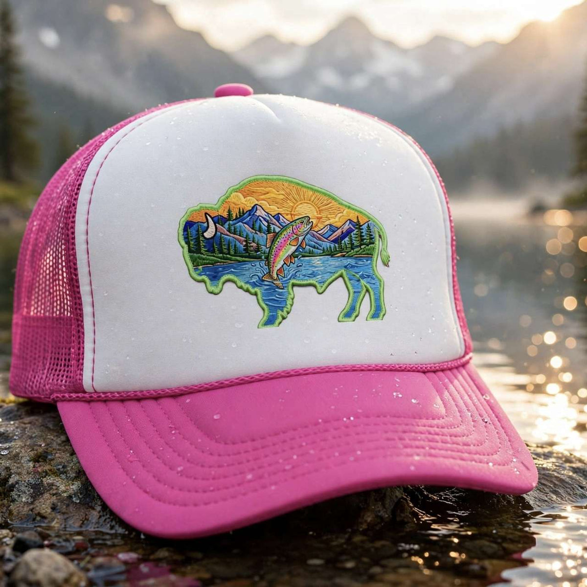 Sunset Buffalo Mountain Trucker Hat — Scenic Buffalo & Trout Patch Foam Hat