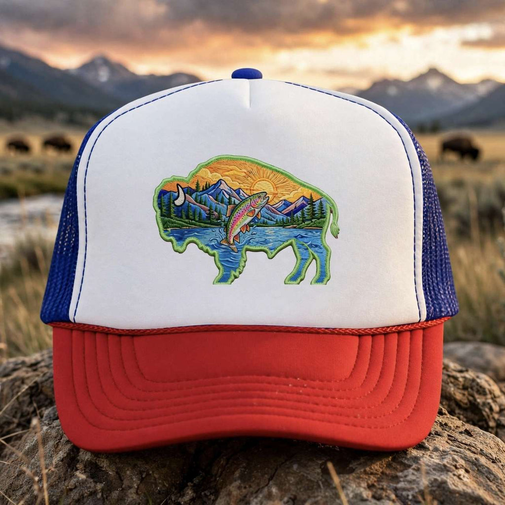 Sunset Buffalo Mountain Trucker Hat — Scenic Buffalo & Trout Patch Foam Hat