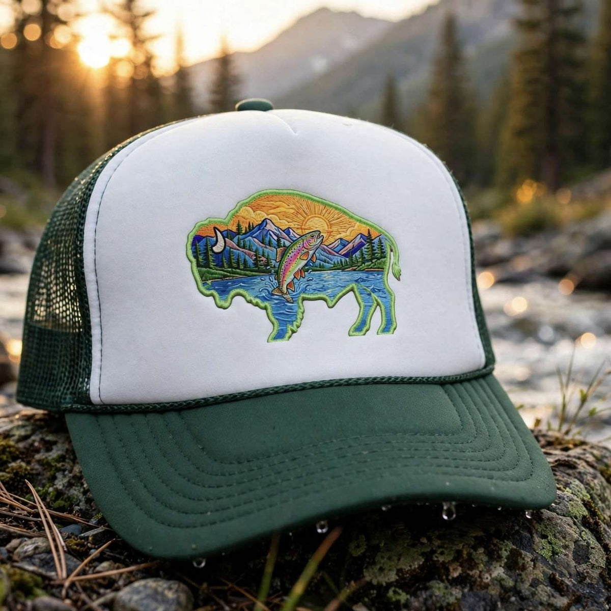Sunset Buffalo Mountain Trucker Hat — Scenic Buffalo & Trout Patch Foam Hat
