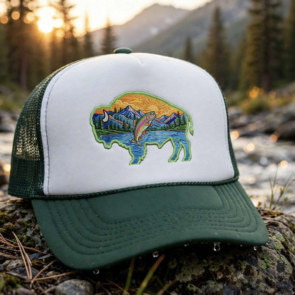 Sunset Buffalo Mountain Trucker Hat — Scenic Buffalo & Trout Patch Foam Hat