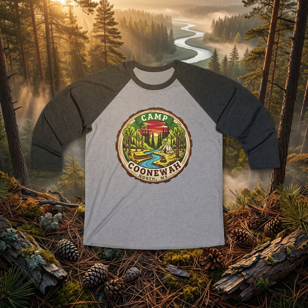 A 3/4 sleeve raglan t-shirt with a heather gray body and dark charcoal gray sleeves, featuring a circular vintage-style 'Camp Coonewar' graphic on the chest.