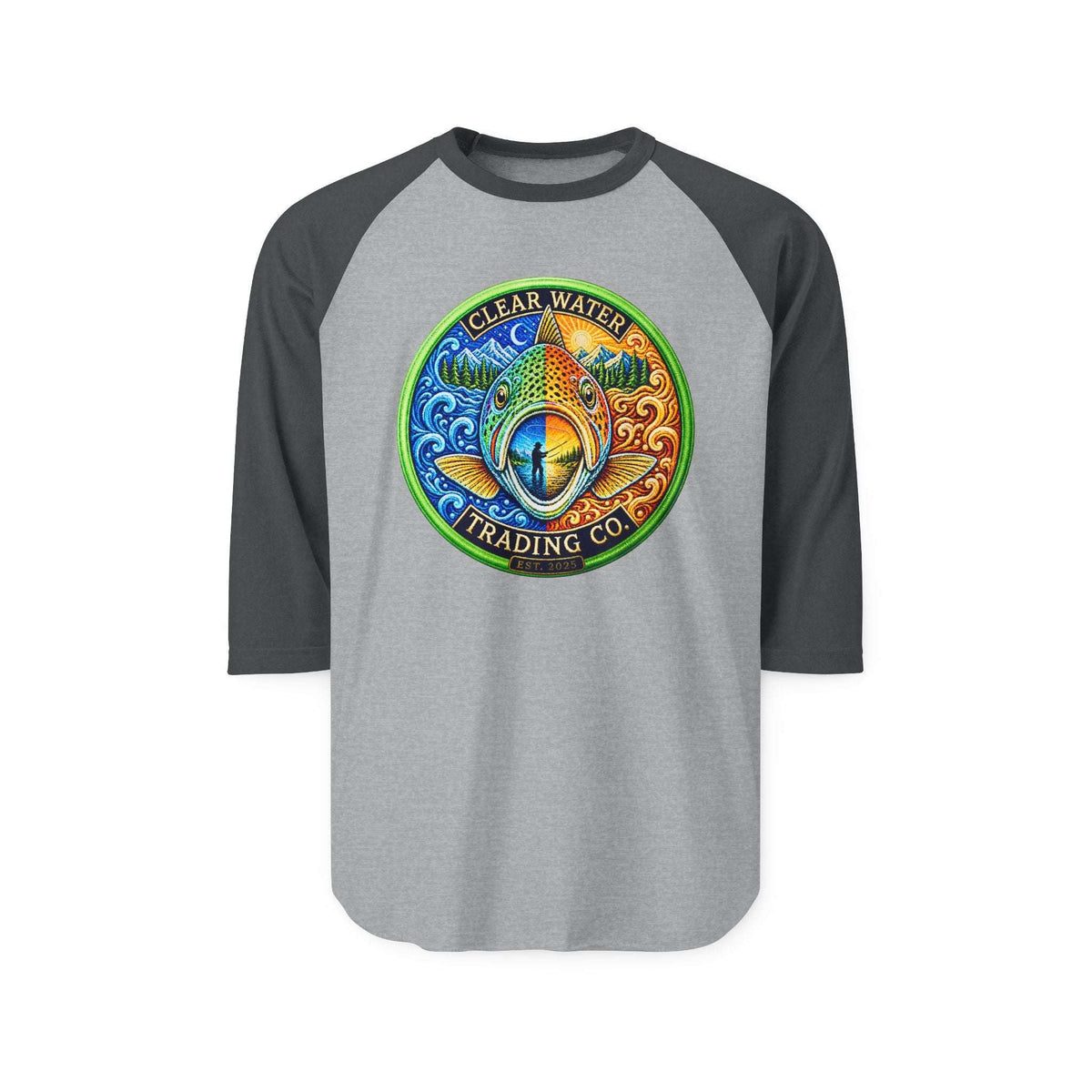 Clear Water Trading Co. — Premium Trout Badge 3/4 Sleeve Raglan - Clear Water Trading Co.