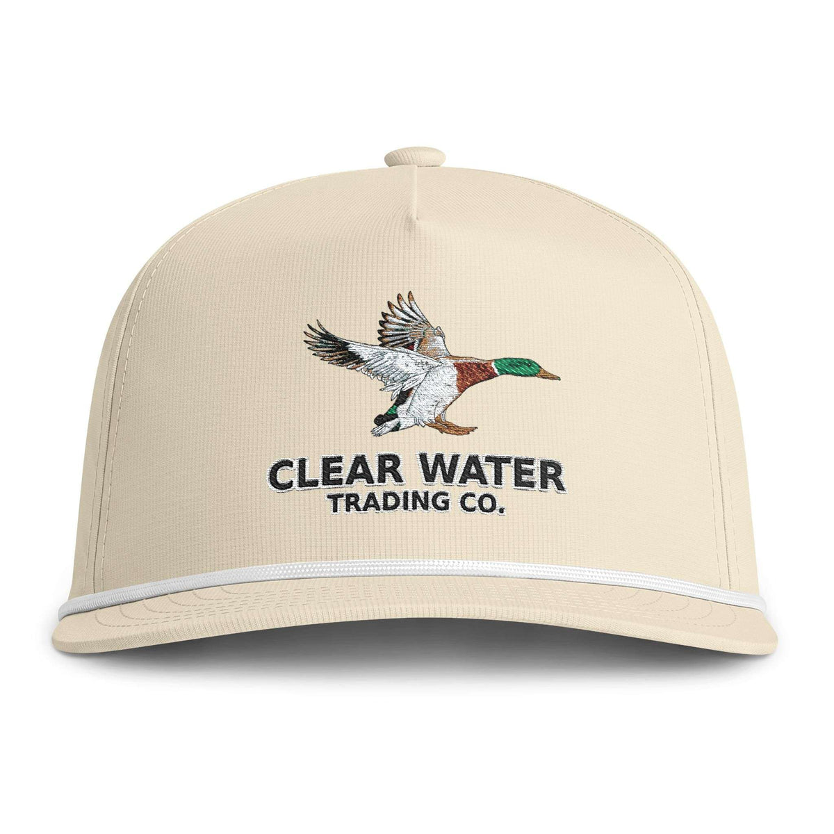 A beige baseball cap featuring an embroidered mallard duck logo and the text 'CLEAR WATER TRADING CO.' on the front, with a white piping detail along the brim.