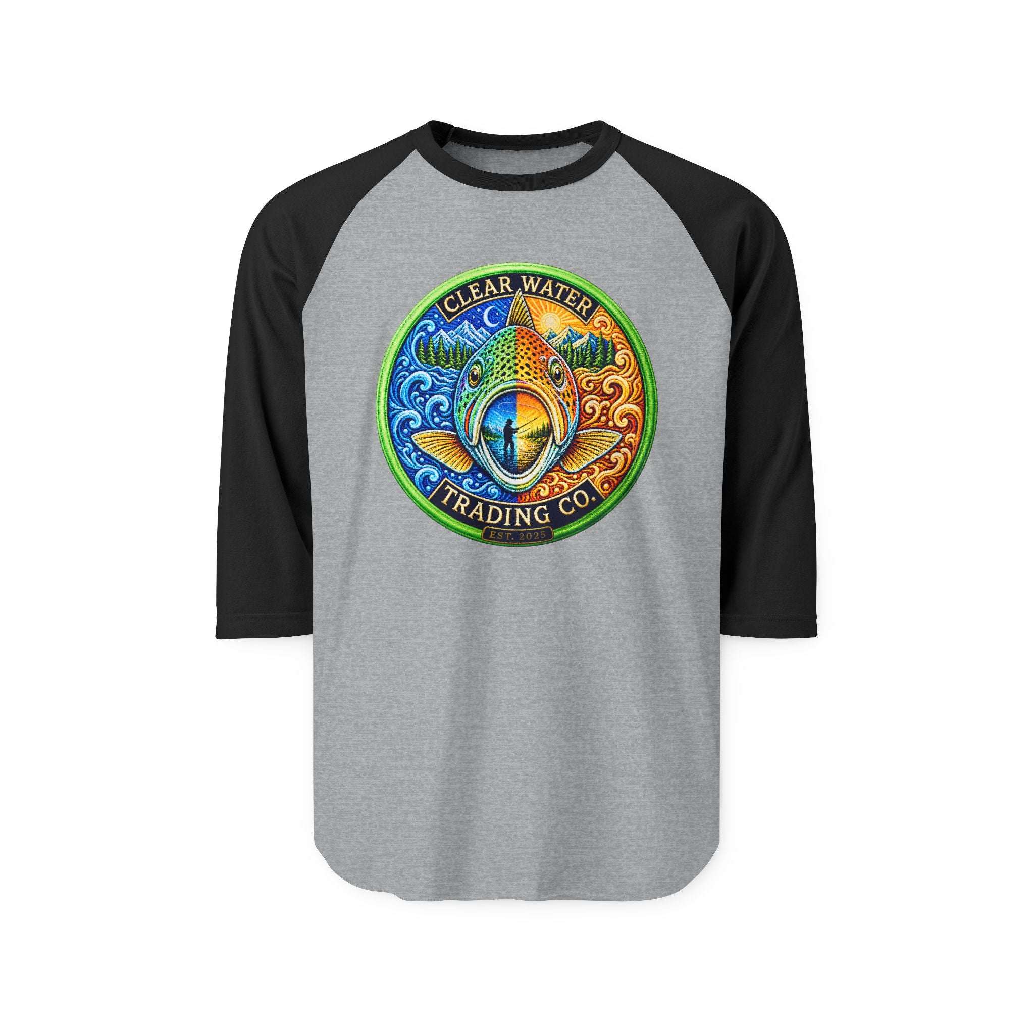 Clear Water Trading Co. — Premium Trout Badge 3/4 Sleeve Raglan - Clear Water Trading Co.