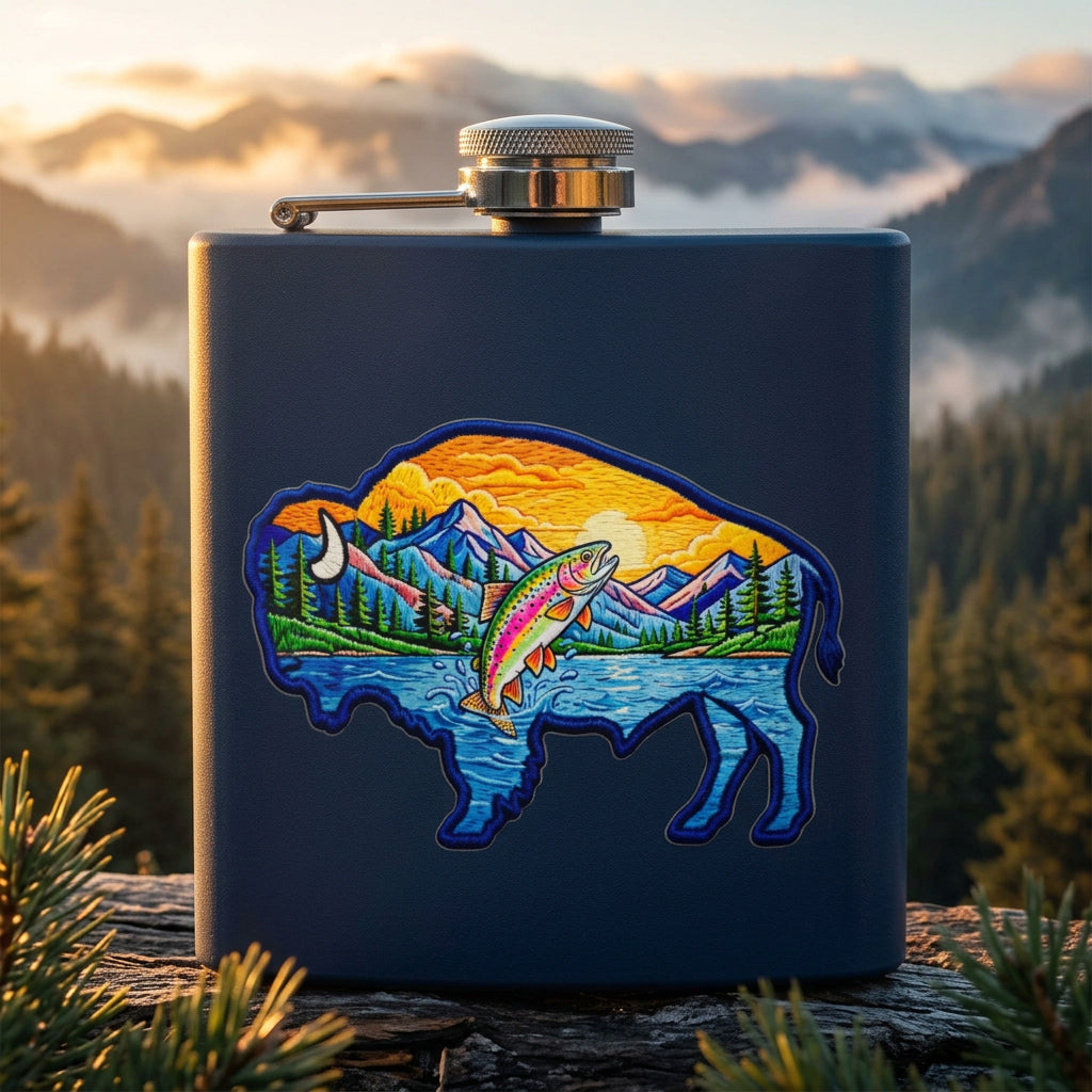 A matte dark navy blue metal hip flask with a silver screw cap and side spout, featuring a colorful graphic of a buffalo silhouette filled with a mountain landscape and a jumping fish.