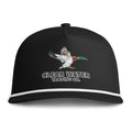 A black baseball cap with a white stripe on the brim, featuring an embroidered flying mallard duck and the text 'CLEAR WATER TRADING CO.' on the front, set against a plain white background.