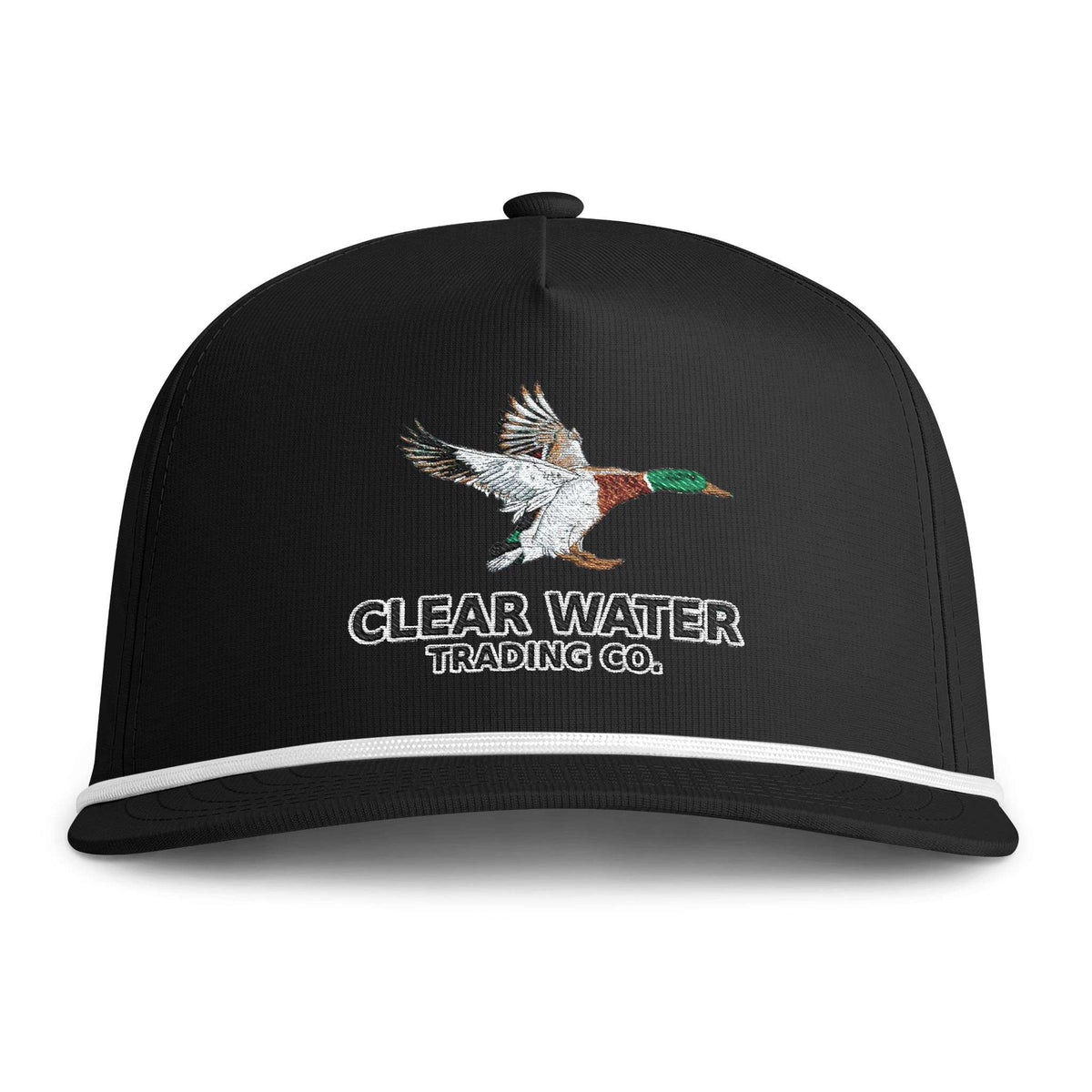 A black baseball cap with a white stripe on the brim, featuring an embroidered flying mallard duck and the text 'CLEAR WATER TRADING CO.' on the front, set against a plain white background.