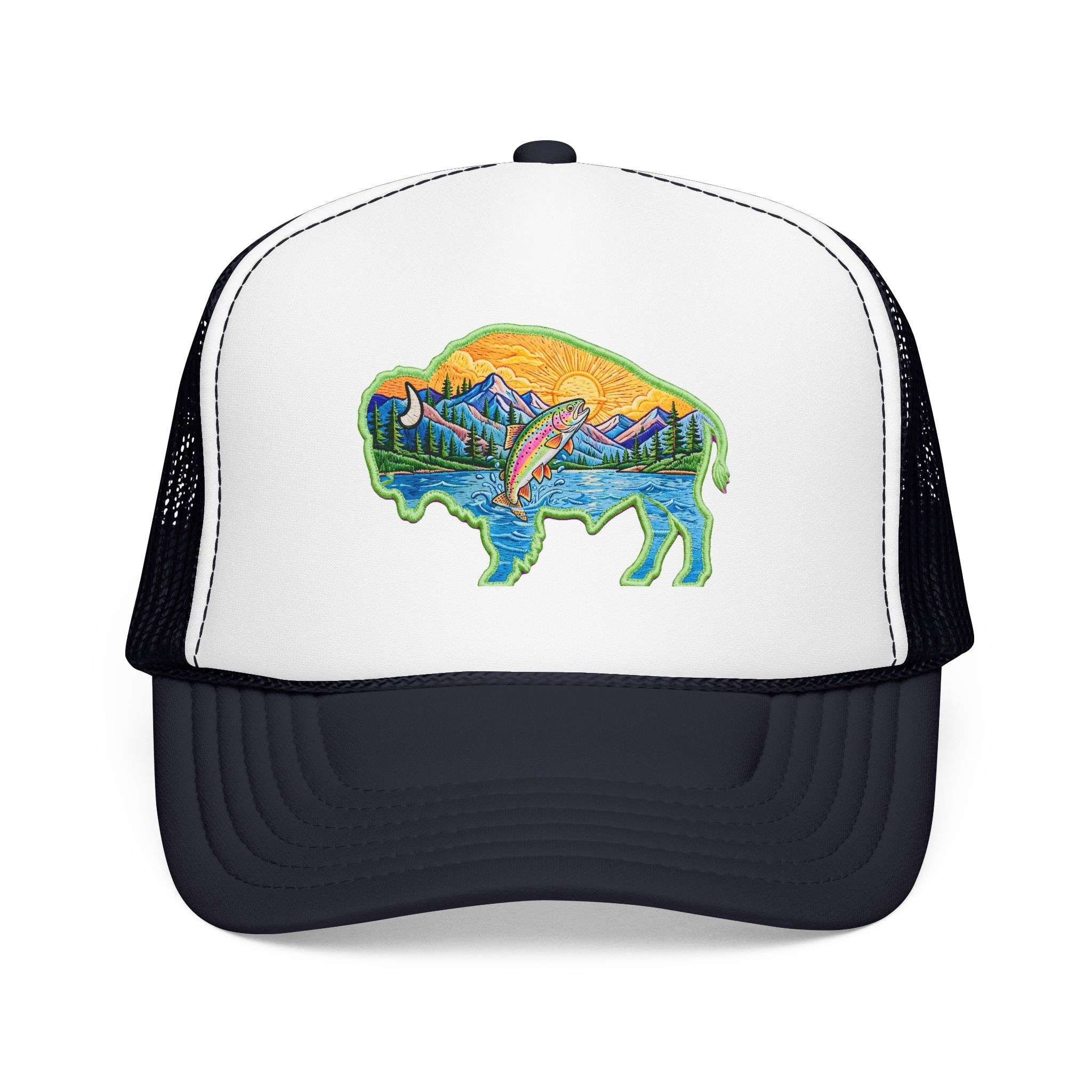 Sunset Buffalo Mountain Trucker Hat — Scenic Buffalo & Trout Patch Foam Hat