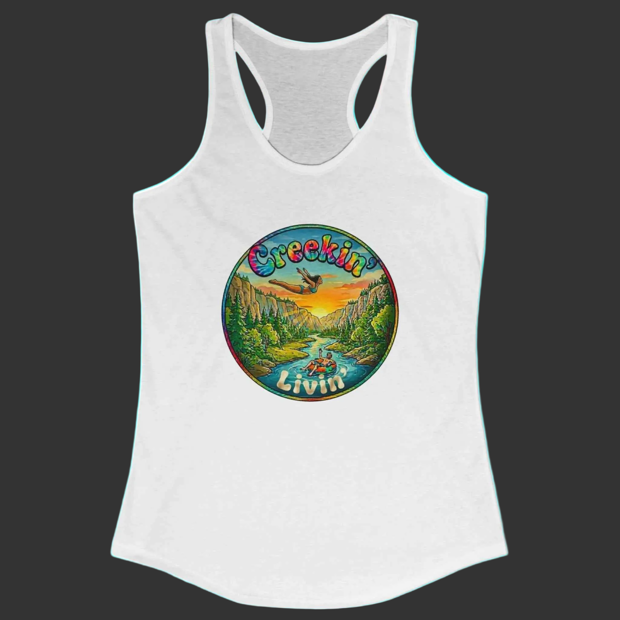 White tank top with a colorful graphic design on a black background