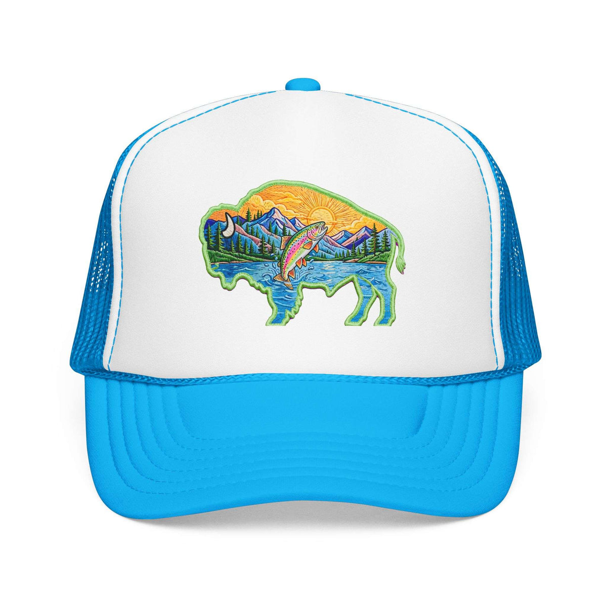 Sunset Buffalo Mountain Trucker Hat — Scenic Buffalo & Trout Patch Foam Hat