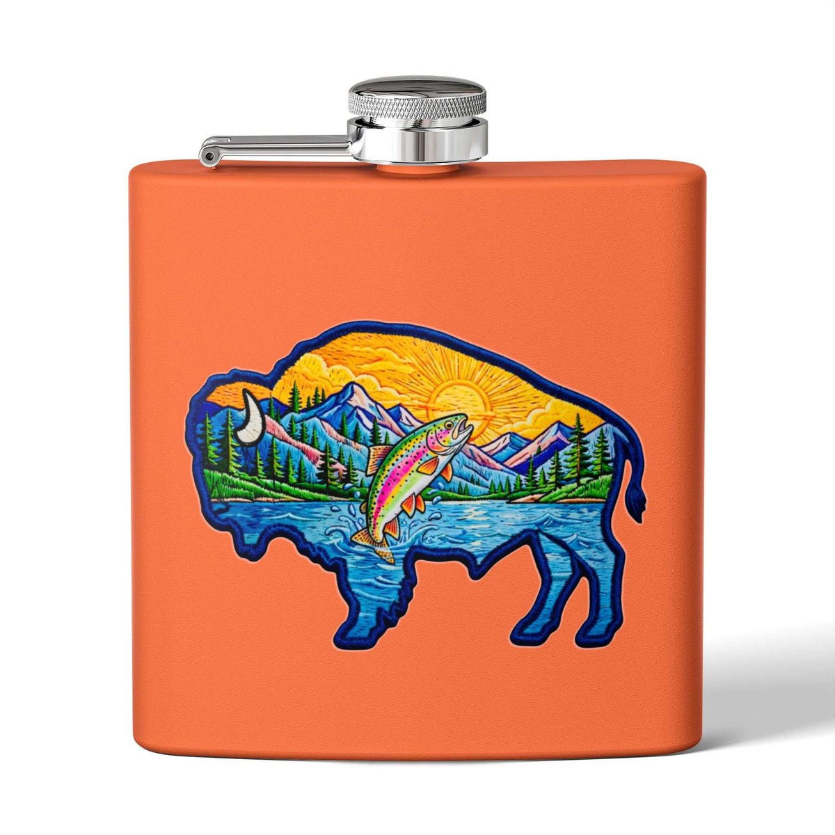 Flasque en acier inoxydable de 177 ml ornée d’un motif de buffle, de pêche et d’aventure en montagne