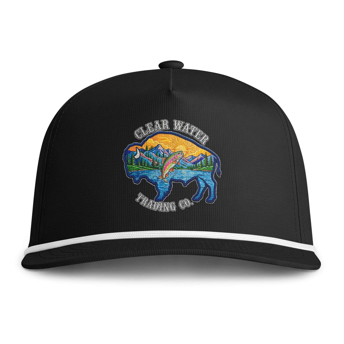 A black baseball cap with a white stripe on the brim and a colorful embroidered graphic on the front. The graphic features a bison silhouette with mountains, trees, and a fish, with the text 'CLEAR WATER TRADING CO.