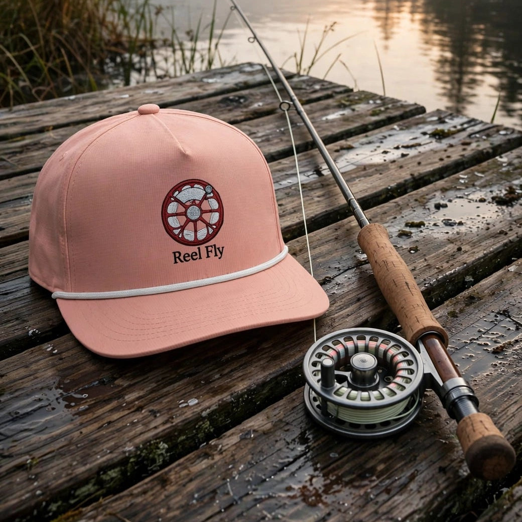 A pink baseball cap with a red and white 'Real Fly' logo sits on a rustic wooden dock next to a fly fishing rod and reel, with a misty forest river in the background.