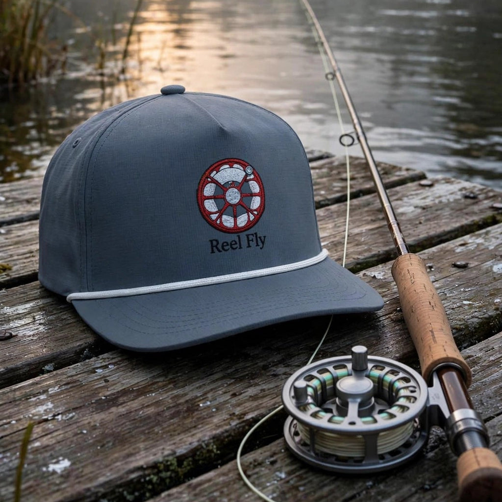 A gray baseball cap with a red and white circular logo reading 'Beef Fly' sits on a wooden dock beside a fly fishing rod and reel, with a misty river and pine forest in the background at sunrise.