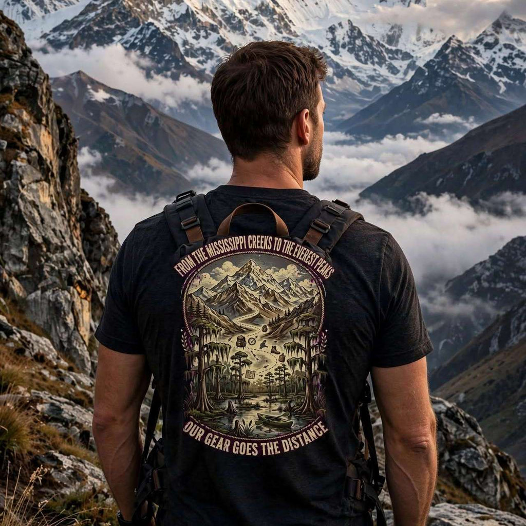 A man stands on a mountain peak facing a dramatic snow-capped mountain range, wearing a black graphic t-shirt with a large back print and a backpack.