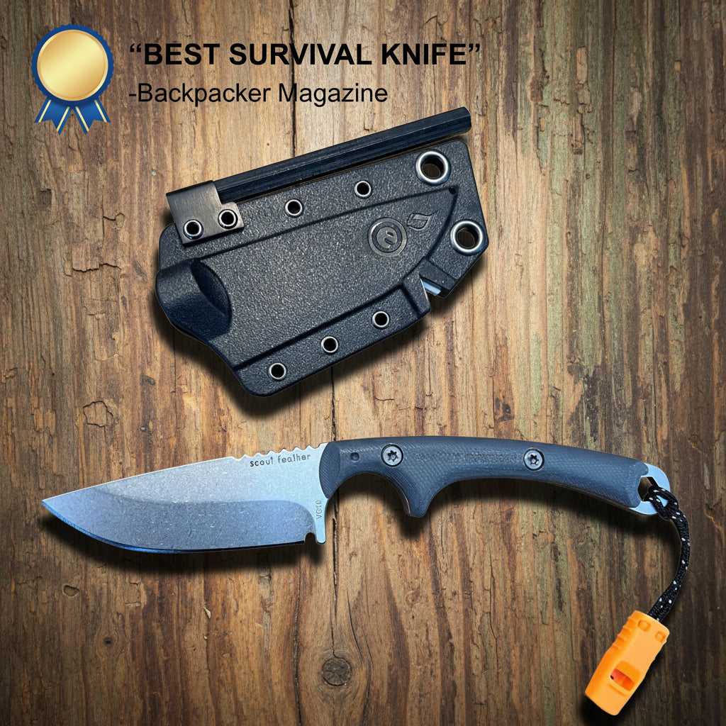 Survival knife with sheath and rope attachment, labeled 'Best Survival Knife' by Backpacker Magazine.