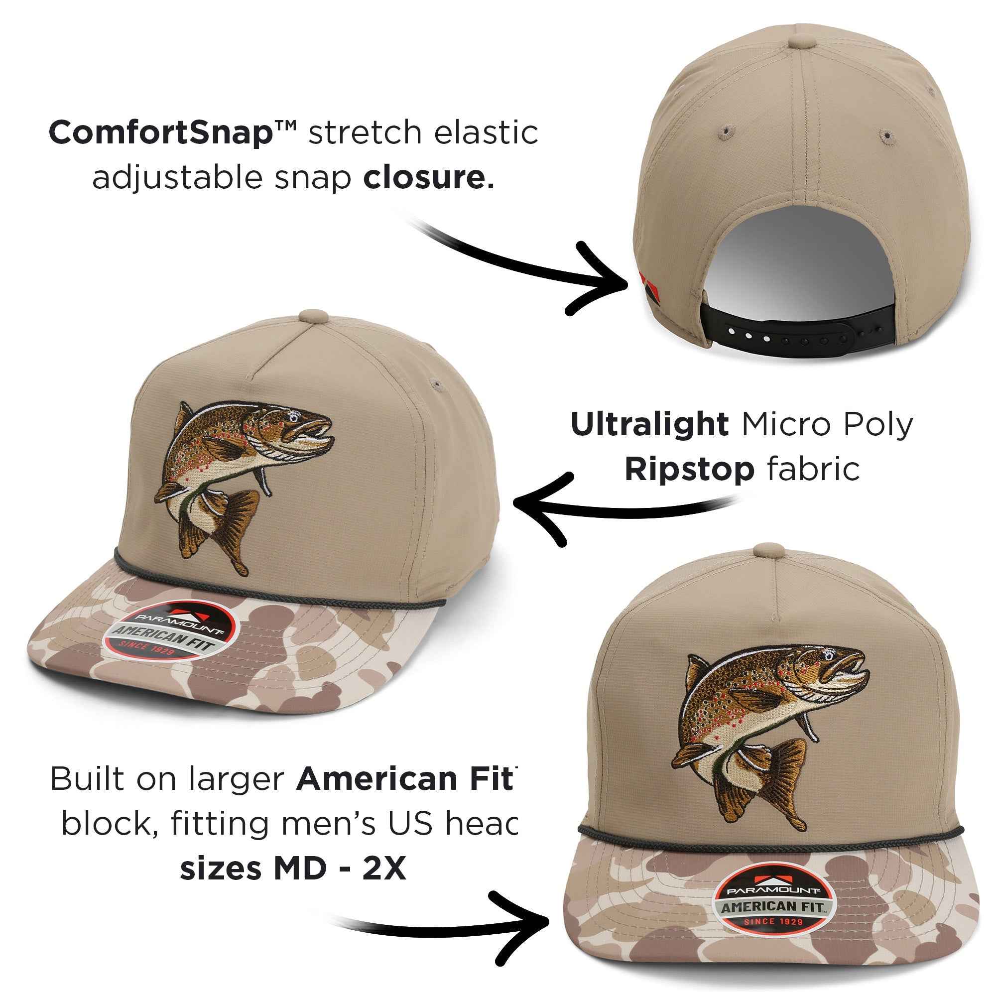 Brown Trout Fly Fishing Cap - 5-Panel Trucker Rope Hat