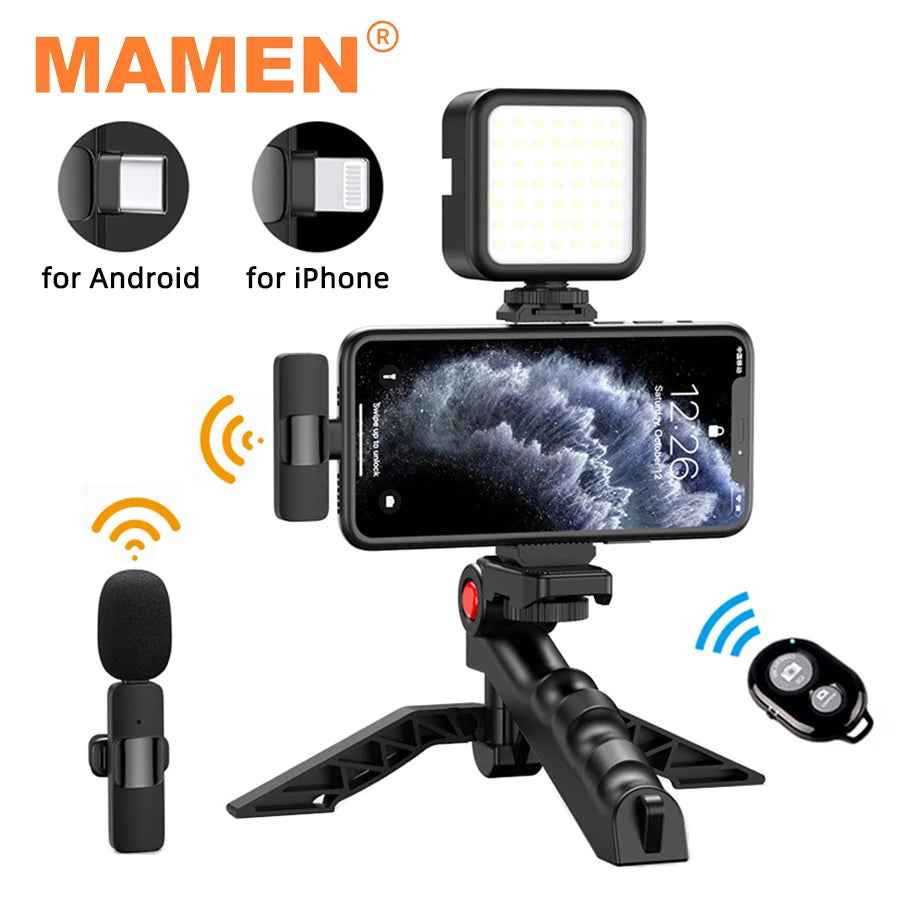 MAMEN Wireless Vlogging Kit with Tripod, Lavalier Microphone for iPhone & Android