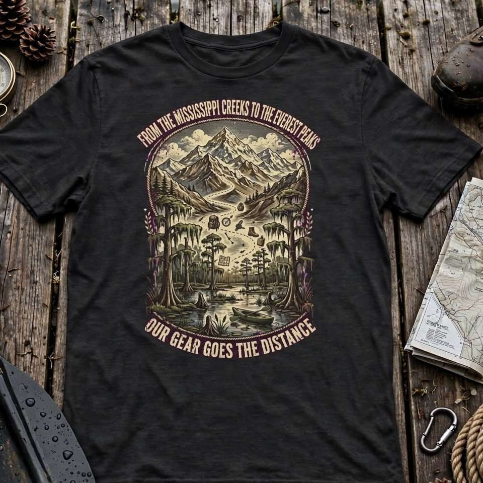 A black graphic t-shirt laid flat on a rustic wooden surface, surrounded by outdoor-themed props like pinecones, a map, a shovel, and a boot. The t-shirt features a large vintage-style illustration of a mountain forest scene with the text 'FROM THE MISSISSIPPI GREES TO THE FOREST FANS OUR GEAR GOES THE DISTANCE'.