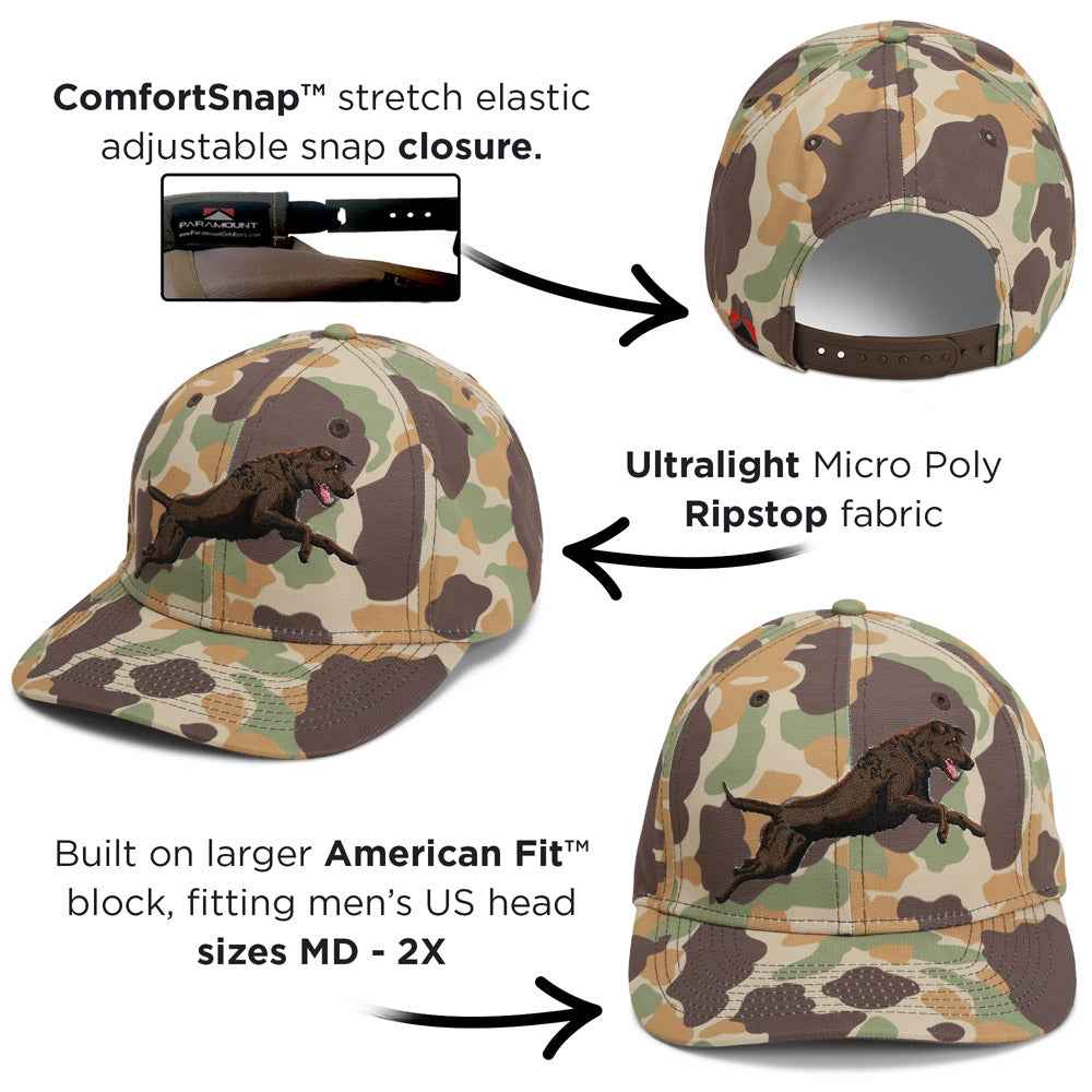 Chocolate Lab Vintage Camo Cap - 6-Panel Riverside Design