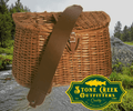 Fly Fishing creel basket with leather strap against a natural background, featuring Stone Creek Outfitters logo.