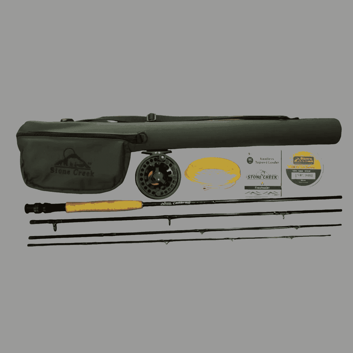 Fishing rod and reel set with accessories on a gray background