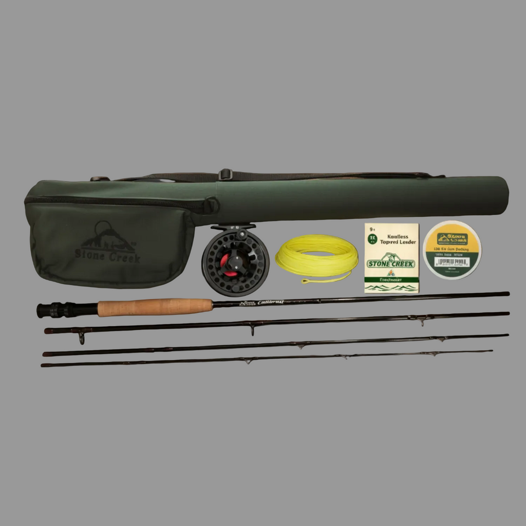 Fishing rod and reel set with accessories on a gray background
