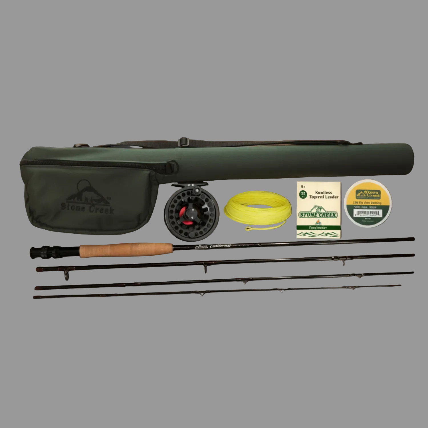 Fishing rod and reel set with accessories on a gray background