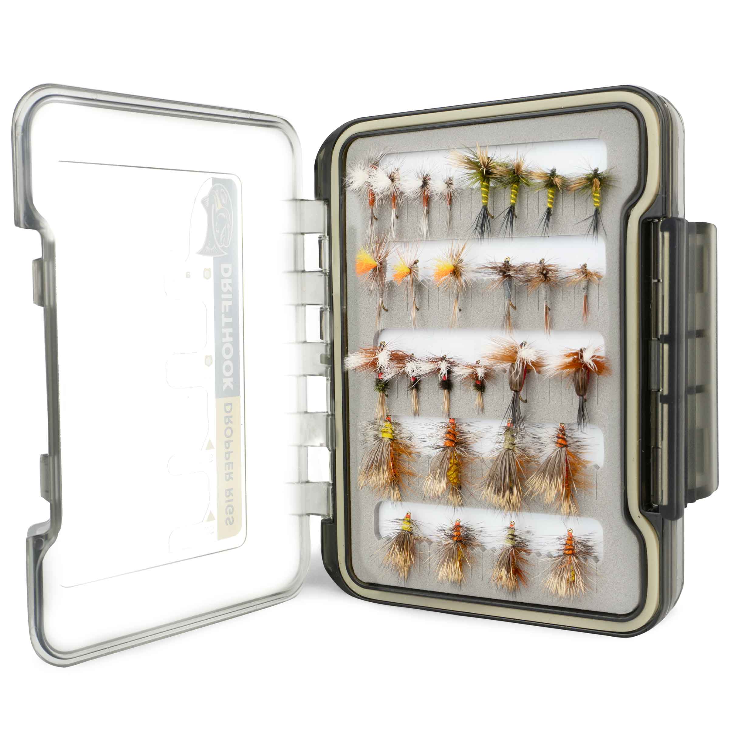 Fishing fly box with various flies inside on a white background