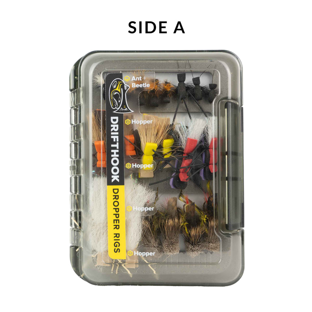 Packaged Drifthook dropper rigs with various fly options on a white background